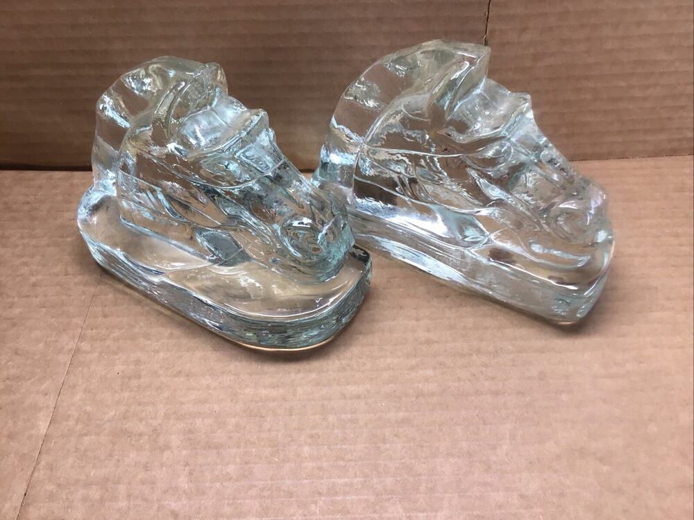 Vtg Clear Glass Horse Head Bookends Pair Heavy Molded Equestrian Stallion 5.5"